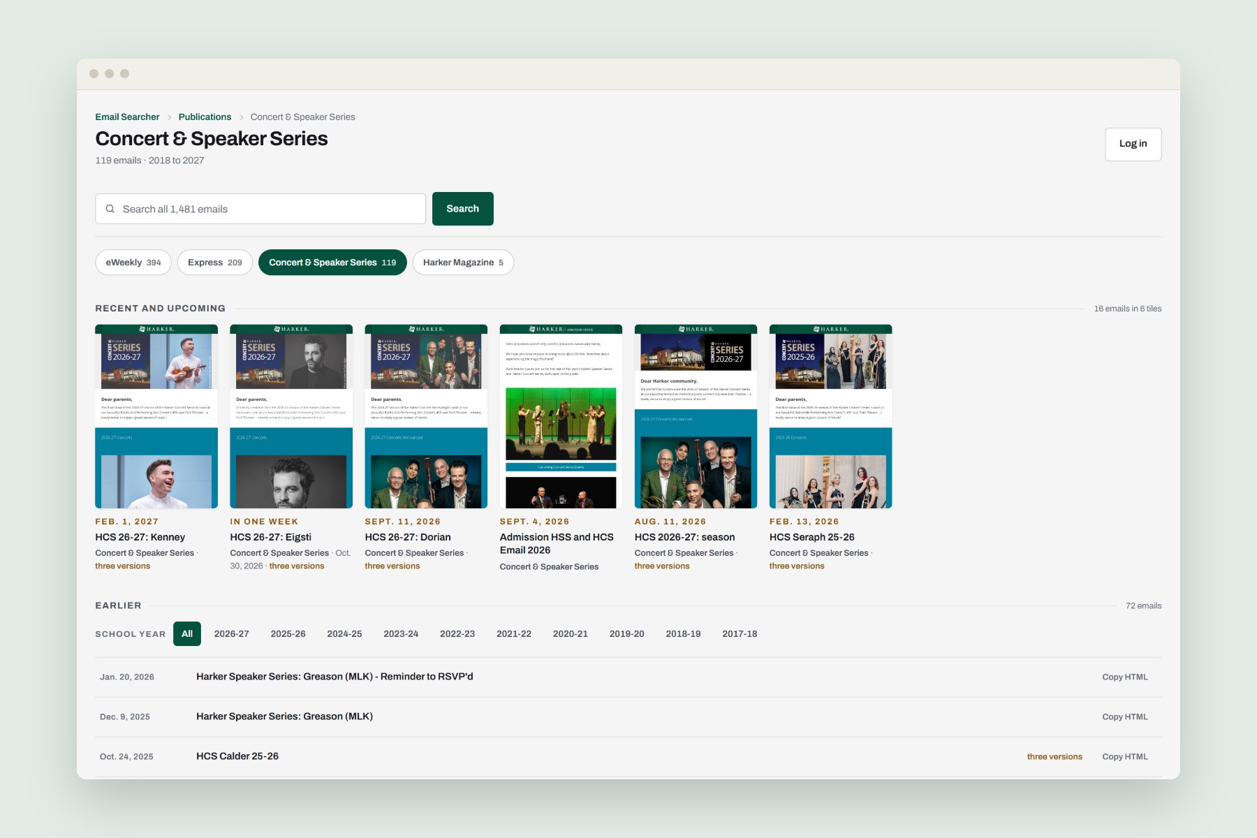 The redesigned email archive filtered to the Concert and Speaker Series: email posters, category chips, a school-year filter and a list of earlier emails with Copy HTML links