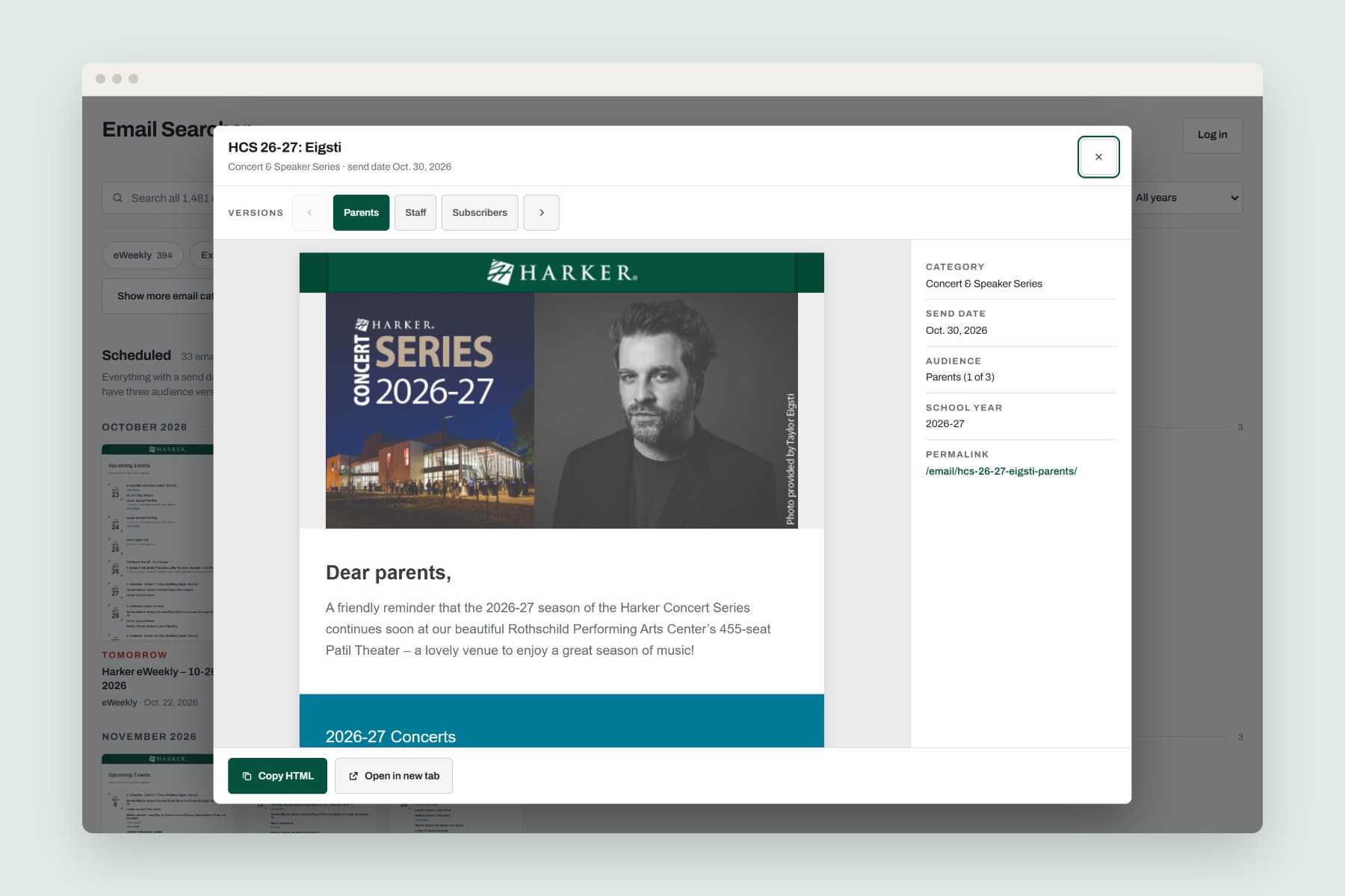 An email preview in the archive with Parents, Staff and Subscribers version tabs, the email's send details and a Copy HTML button